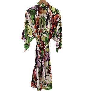 Natori Floral Silk Kimono Open Front With Self Tie Robe Multicolor Size XS